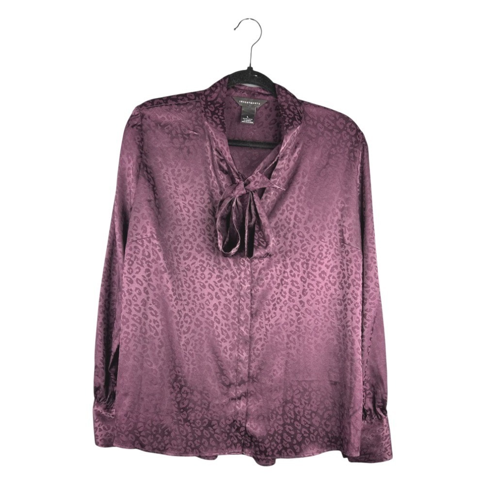 Investments Purple Animal Print Tie Neck Blouse L Satin Button Down Long Sleeve - Picture 3 of 8